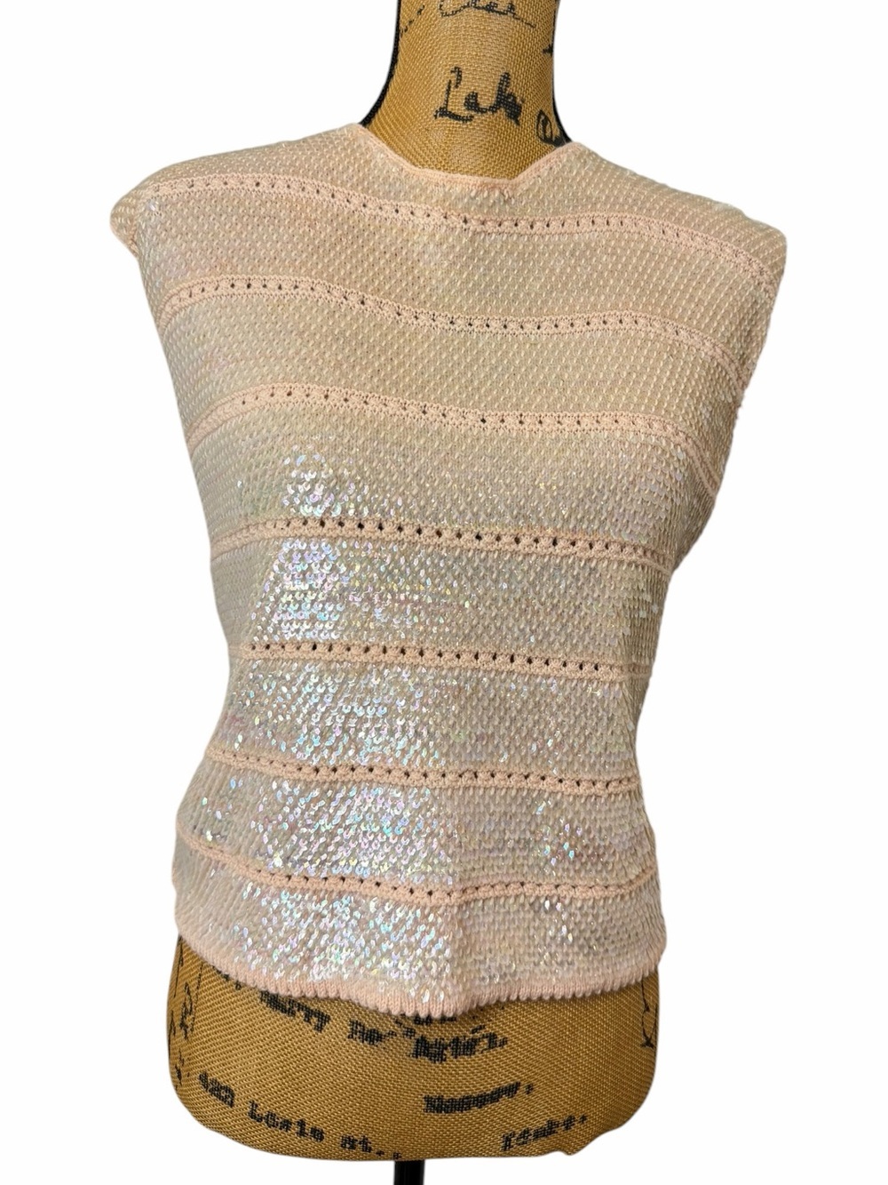 Authentic Vintage 60s 70s Iridescent Sequin Knit Cap Sleeve Top - Picture 2 of 5